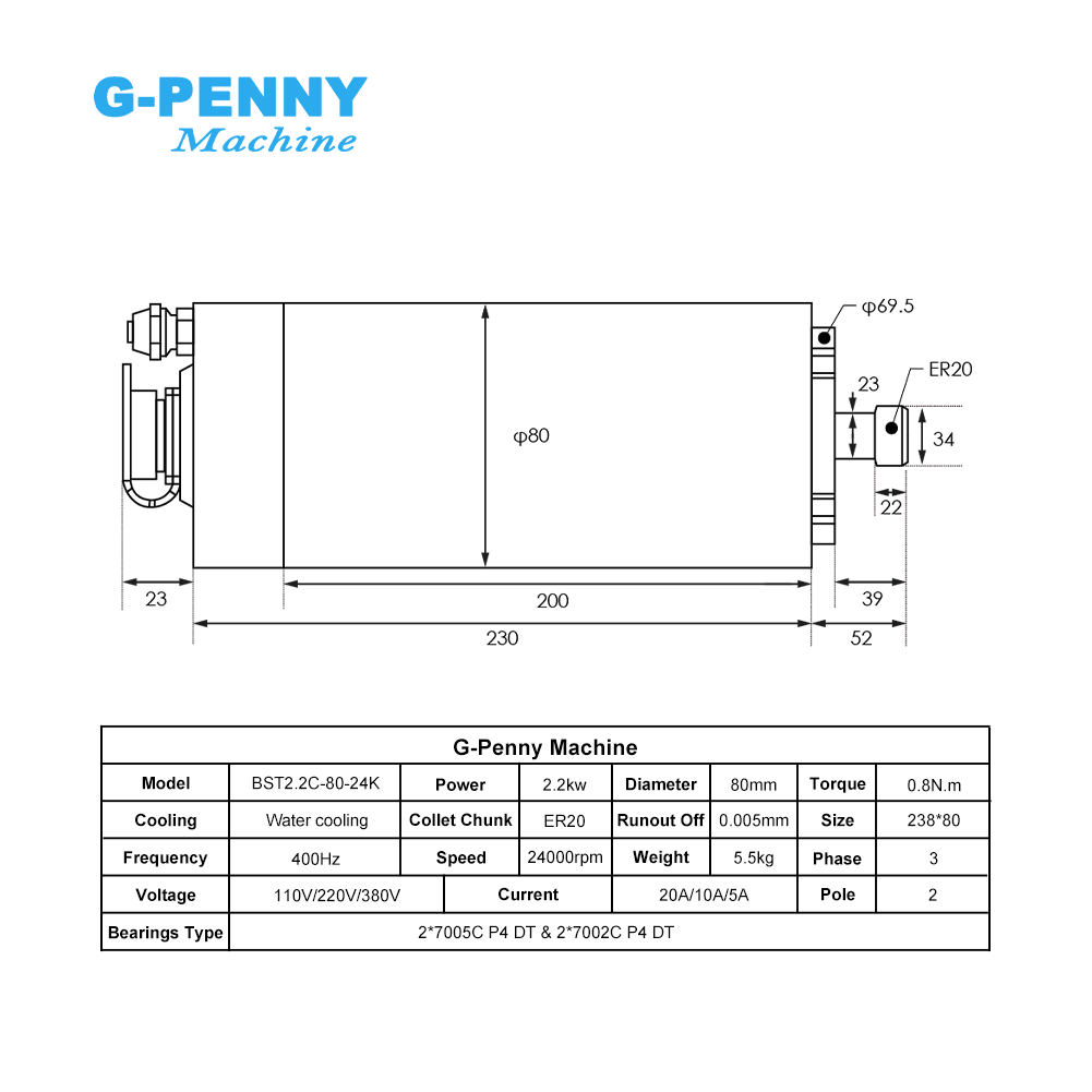 G-penny 2.2kw ER20 Kit de broc - 2.2Kw Water Cooled Spindle Kit Vfd avis et prix