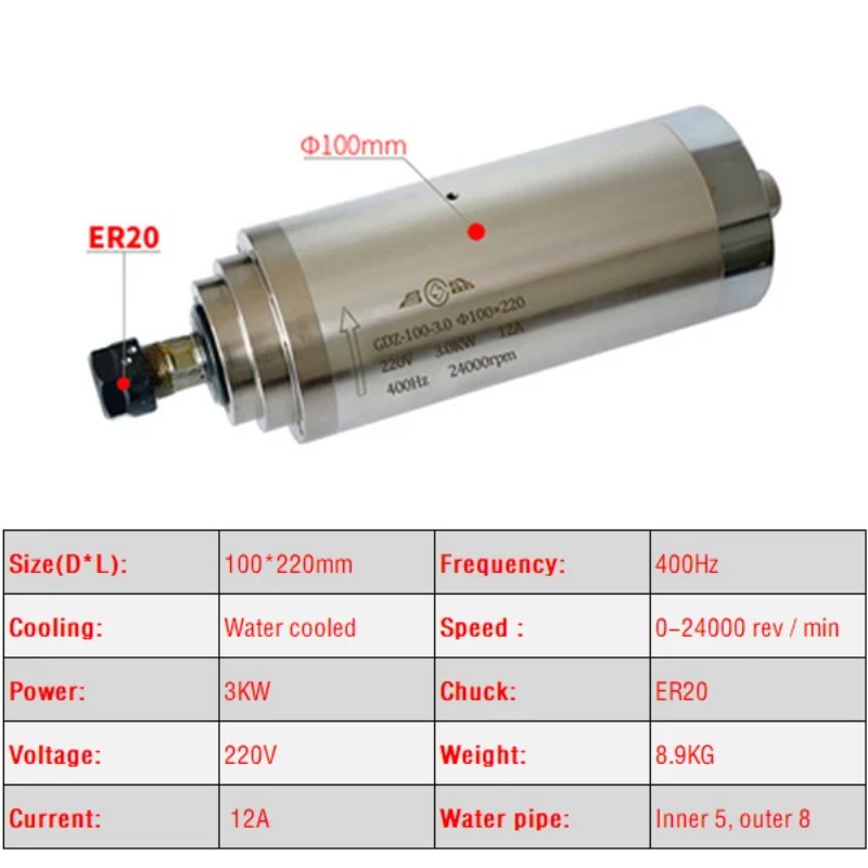 Moteur de broche CNC refroidi  - Er20 Collet Chuck Spindle Motor 220V avis et prix